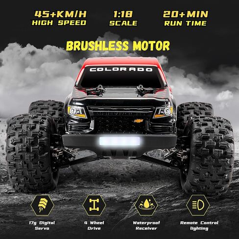 Brushless RC Truck, Super Fast RC Cars, 1/18 Chevrolet Colorado Hobby RC Trucks, 45km/h High Speed Remote Control Car with 2S Battery Rechargeable(42mph with 3S) for Adults, Blue in Saudi Arabia