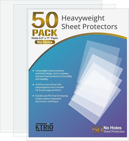 KTRIO No Holes Sheet Protectors 8.5 x 11 Inch Heavy Duty Clear Page Protectors, Plastic Paper Sleeves Document Protectors, Letter Size, Top Loading, Acid Free, 50 Pack in Saudi Arabia