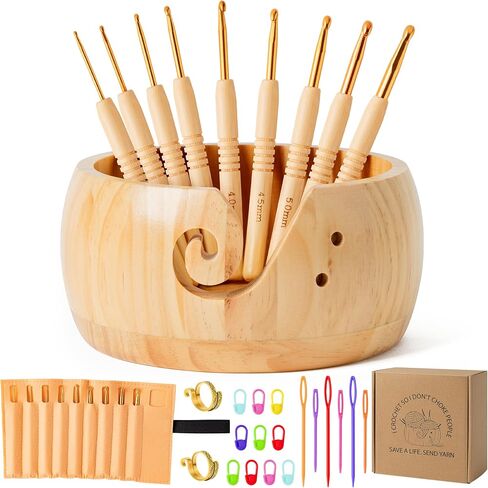 WATINC Wooden Yarn Bowl Holder Set - Large Crochet Yarn Storage Bowls with 9pcs Metal Knitting Hooks, Adjustable Loop Ring Stitch Markers with Box Crochet Gifts for Knitters Crocheters (Dark Brown in Kuwait