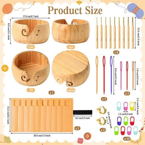 WATINC Wooden Yarn Bowl Holder Set - Large Crochet Yarn Storage Bowls with 9pcs Metal Knitting Hooks, Adjustable Loop Ring Stitch Markers with Box Crochet Gifts for Knitters Crocheters (Dark Brown in Kuwait