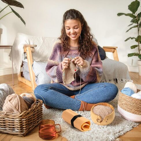 WATINC Wooden Yarn Bowl Holder Set - Large Crochet Yarn Storage Bowls with 9pcs Metal Knitting Hooks, Adjustable Loop Ring Stitch Markers with Box Crochet Gifts for Knitters Crocheters (Dark Brown in Kuwait