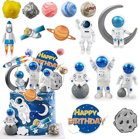 Astronaut Figurines Space Cake Toppers Astronaut Planet Rocket Satellite and Star Space DIY Cake Toppers for Space Theme Party Birthday Party Baby Shower Supplies (Blue) in Kuwait