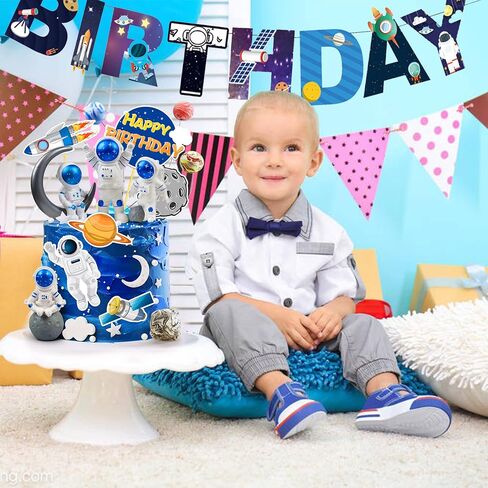 Astronaut Figurines Space Cake Toppers Astronaut Planet Rocket Satellite and Star Space DIY Cake Toppers for Space Theme Party Birthday Party Baby Shower Supplies (Blue) in Kuwait