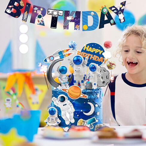 Astronaut Figurines Space Cake Toppers Astronaut Planet Rocket Satellite and Star Space DIY Cake Toppers for Space Theme Party Birthday Party Baby Shower Supplies (Blue) in Kuwait
