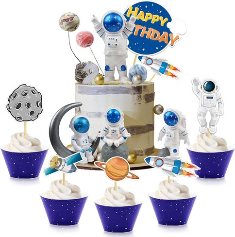 Astronaut Figurines Space Cake Toppers Astronaut Planet Rocket Satellite and Star Space DIY Cake Toppers for Space Theme Party Birthday Party Baby Shower Supplies (Blue) in Kuwait