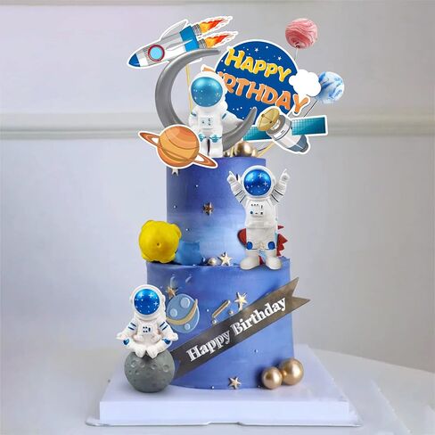 Astronaut Figurines Space Cake Toppers Astronaut Planet Rocket Satellite and Star Space DIY Cake Toppers for Space Theme Party Birthday Party Baby Shower Supplies (Blue) in Kuwait
