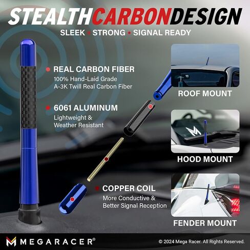 Mega Racer 5" Silver Carbon Fiber Antenna for Car, Truck, SUV - AM/FM Radio Reception, 6061 Solid Aluminum, Anti-Theft Design, Car Wash Safe, Universal Antenna Replacement, 1 Piece in Kuwait