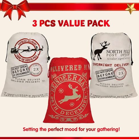 JOYIN 3 PCS Santa Burlap Sack present Bags with Drawstring 26" x 19" for Large Xmas Package Storage, Event Party Supplies, Christmas Party Favors. in Saudi Arabia