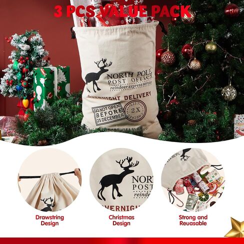 JOYIN 3 PCS Santa Burlap Sack present Bags with Drawstring 26" x 19" for Large Xmas Package Storage, Event Party Supplies, Christmas Party Favors. in Saudi Arabia