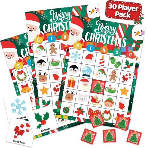 Christmas Bingo Game for Kids, Adults & Large Groups - 30 Players - Fun & Exciting Christmas Games for Family Party, Classroom Party - Reusable Christmas Bingo for Kids Christmas Party Games for Kids in Saudi Arabia
