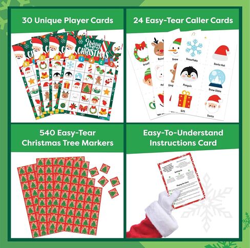 Christmas Bingo Game for Kids, Adults & Large Groups - 30 Players - Fun & Exciting Christmas Games for Family Party, Classroom Party - Reusable Christmas Bingo for Kids Christmas Party Games for Kids in Saudi Arabia