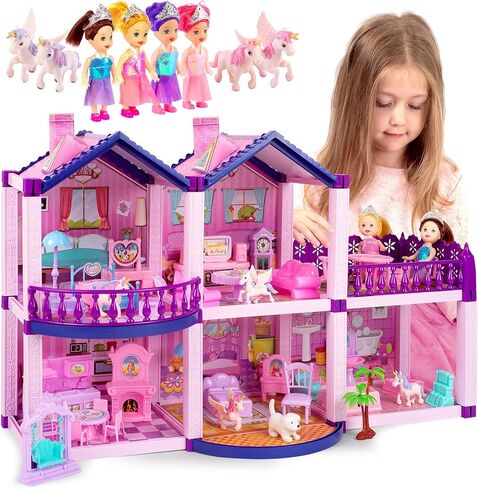 Dollhouse with 4 Princesses, 4 Unicorns, Dog, Furniture and Accessories - Pink and Purple Dream Doll House Toy for Little Girls - 5 Rooms w/Garden, Furniture and Accessories, Gift for Girls Ages 2-7 in Kuwait