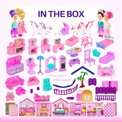 Dollhouse with 4 Princesses, 4 Unicorns, Dog, Furniture and Accessories - Pink and Purple Dream Doll House Toy for Little Girls - 5 Rooms w/Garden, Furniture and Accessories, Gift for Girls Ages 2-7 in Kuwait