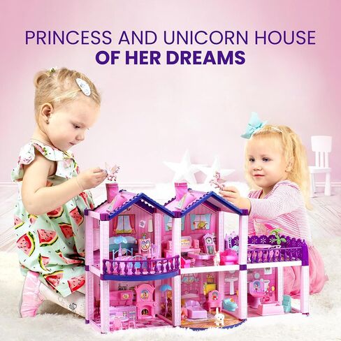Dollhouse with 4 Princesses, 4 Unicorns, Dog, Furniture and Accessories - Pink and Purple Dream Doll House Toy for Little Girls - 5 Rooms w/Garden, Furniture and Accessories, Gift for Girls Ages 2-7 in Kuwait