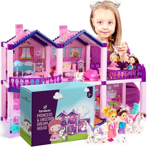 Dollhouse with 4 Princesses, 4 Unicorns, Dog, Furniture and Accessories - Pink and Purple Dream Doll House Toy for Little Girls - 5 Rooms w/Garden, Furniture and Accessories, Gift for Girls Ages 2-7 in Kuwait