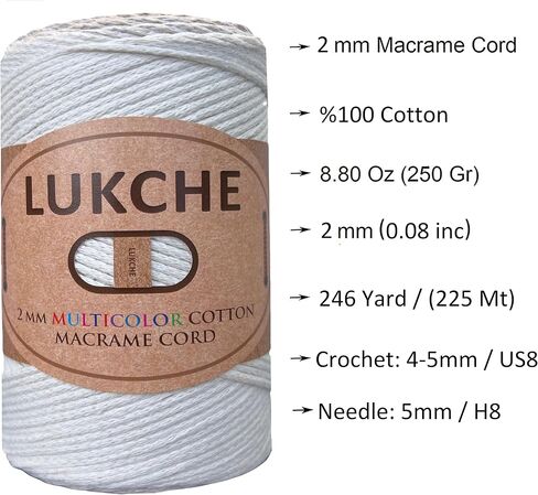 2mm Multicolor Cotton Macrame Cord 246 Yards (225 Mt) Premium Cotton Rope, Rainbow Yarn Crochet Macrame Bag Craft for Wall Hangers, Bags, Bottom Plates, Carpets (515) in Kuwait