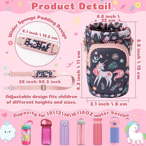 Water Bottle Carrier Bag with Strap for Kids - Boho Rainbow Water Bottle Bag Holder with Padded Strap Pocket 10/12/14/16/18Oz Neoprene Insulated Bottle Bag for Boys Girls School Walking Hiking Camping in Saudi Arabia