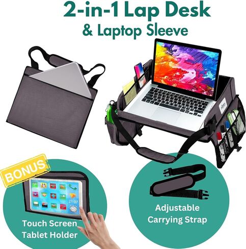 Travel Lap Desk, Travel Tray, Portable Lapdesk for Car, Remote Work, Road Trips, School, Laptop Pad with Storage Pocket, Tablet Holder, Shoulder Strap, Fits up to 15.6-Inch Laptop (Black) in Saudi Arabia