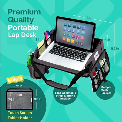 Travel Lap Desk, Travel Tray, Portable Lapdesk for Car, Remote Work, Road Trips, School, Laptop Pad with Storage Pocket, Tablet Holder, Shoulder Strap, Fits up to 15.6-Inch Laptop (Black) in Saudi Arabia