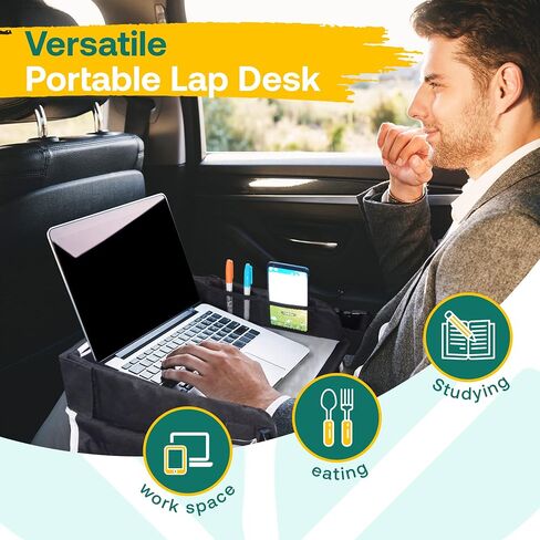 Travel Lap Desk, Travel Tray, Portable Lapdesk for Car, Remote Work, Road Trips, School, Laptop Pad with Storage Pocket, Tablet Holder, Shoulder Strap, Fits up to 15.6-Inch Laptop (Black) in Saudi Arabia