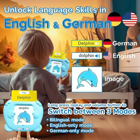 Bilingual English German Flash Cards - Talking Flash Cards for Kids, Pocket Speech for Toddlers 3-12, Educational Learning Toys, Audible Gift Play Cards German, Autism Sensory Toys (Blue) in Kuwait