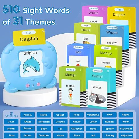 Bilingual English German Flash Cards - Talking Flash Cards for Kids, Pocket Speech for Toddlers 3-12, Educational Learning Toys, Audible Gift Play Cards German, Autism Sensory Toys (Blue) in Kuwait