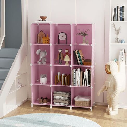 AWTATOS Cube Storage Organizer Protable Closet Organizers and Storage for Kids DIY Stackable 12 Cube Storage Shelves Clothes Organizer for Bedroom, Home, Pink in Kuwait