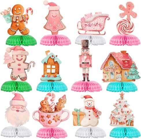 Cholemy 12 Pcs Christmas Gingerbread Honeycomb Centerpieces Gingerbread Man Theme Party Decorations Xmas Pink Candy Cane House Centerpieces for Christmas Decorations Birthday Party Supplies in Saudi Arabia