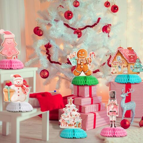 Cholemy 12 Pcs Christmas Gingerbread Honeycomb Centerpieces Gingerbread Man Theme Party Decorations Xmas Pink Candy Cane House Centerpieces for Christmas Decorations Birthday Party Supplies in Saudi Arabia