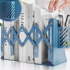 Heavy Duty Book Ends to Hold Books with Pen Holder, Adjustable Bookends, Metal Book Ends for Shelves, Black Book Holders Binder Organizer for Bookshelf Desk - Extends up to 19"