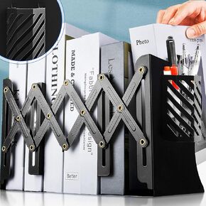 Heavy Duty Book Ends to Hold Books with Pen Holder, Adjustable Bookends, Metal Book Ends for Shelves, Black Book Holders Binder Organizer for Bookshelf Desk - Extends up to 19" in Kuwait