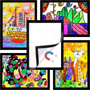 5-Pack Kids Artwork Frames Changeable, Kids Art Display Frame with Self Adhesive Backing, Magnetic Children Artwork Storage Frames, A4 Picture Frames Changeable for Drawing Crafting (Black)