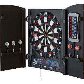 Fat Cat Mercury Electronic Dartboard, Built In Cabinet Doors With Integrated Scoreboard, Dart Storage For 6 Darts, Dual Display In Two Colors, Compact Target Face For Fast Play