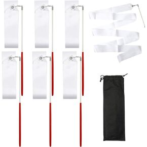 6 Pcs White Gymnastics Ribbon with Storage Bag, Dance Streamers with Baton Rhythmic Gymnastics Ribbon Wands for Kids, Ribbon Dancer Wand for Professional Adults Children