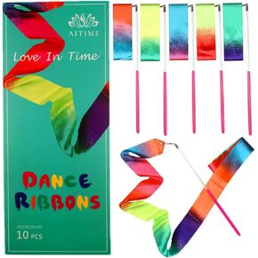 10 Pieces 2 Meters Gym Gymnastics Dance Ribbons,Rainbow Dancer Ribbons with Twirling Wands for Kids Dancing,CE and EN71 Approved, Starry Sky Colors