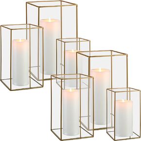 Decorative Candle Lanterns for Wedding (6x4x4/ 9x5x5/ 11x6x6 Inch) Hurricane Glass Candle Holders for Table Centerpiece Holiday Candlestick Holder, Only Base is Glass Mirrored (6, Gold)