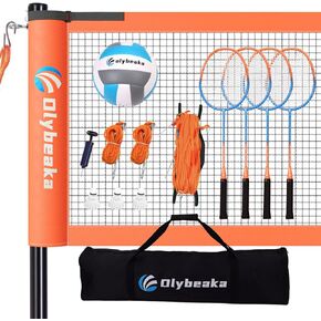Olybeaka Badminton & Volleyball Combo Set with Net, Anti-Sagging Design, 4 Badminton Rackets, 3 Birdies and PU Volleyball for Backyard Lawn Beach
