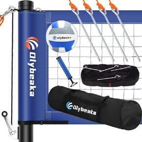 Olybeaka Portable Volleyball Net Outdoor Heavy Duty Volleyball Net Set System for Backyard Beach with 2" Adjustable Height Aluminum Poles, PU Volleyball, 2" Boundary Line, Upgraded Anti-sag Design
