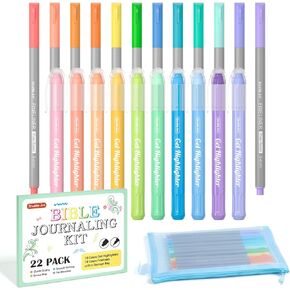 Shuttle Art Bible Highlighters and Pens No Bleed, 22 Pack Bible Journaling Kit, 12 Colors Gel Highlighters and 10 Colors Ballpoint Pens with a storage bag, Bible Markers No Bleed Through