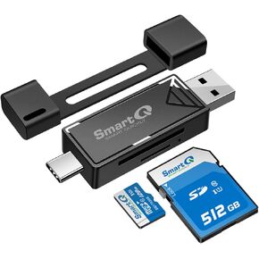 SD Card Reader, SmartQ Dual Connector USB 2.0/USB-C Memory Card Reader Adapter, Compatible with SD/Micro SD/SDHC/SDXC/MMC [Card not Included], Suitable for MacBook Pro/Air, iPad Pro.