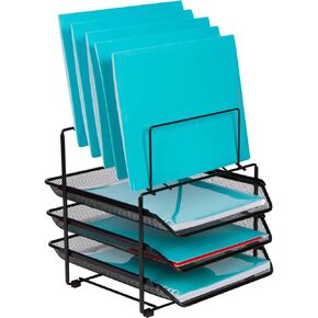 Mesh Desk Organizer and Storage - Office Organizer with 3 Sliding Letter Trays and 5 Vertical File Holders, File Rack for Binders, Folders, Clipboards. Steel Mesh Letter Trays for Desk Organization