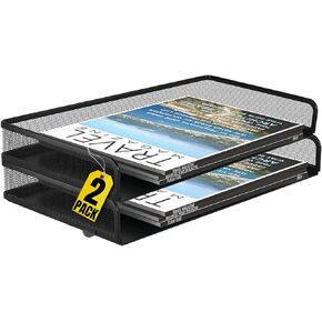 1InTheOffice Side Load Letter Tray Stackable, Black Mesh Tray Legal Size, "2 Pack"