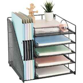 AUPSEN Desk Organizer with File Holder, 5 Trays Paper Letter Tray Organizer, Mesh Desk Organizers and Accessories for Home Office (Black)