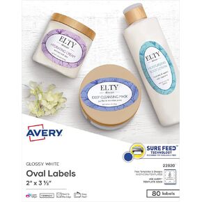 ملصقات بيضاوية فارغة قابلة للطباعة من Avery، مقاس 2 بوصة × 3-1/3 بوصة، أبيض لامع، 80 ملصقًا قابلاً للتخصيص (22820)
