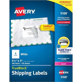 ملصقات شحن قابلة للطباعة من Avery مع تغذية مؤكدة، 3-1/2 بوصة × 5 بوصة، أبيض، 400 ملصق بريدي فارغ (5168)
