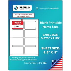 ملصقات بطاقات اسم فارغة قابلة للطباعة من Premium Label Supply - 2-1/3 بوصة × 3-3/8 بوصة - متوافقة مع الليزر/النافثة للحبر - (8 ملصقات/ورقة)، 25 ورقة - 200 بطاقة أسماء لاصقة إجمالية