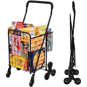 Kiffler Grocery Shopping Cart with 360° Rolling Swivel Wheels Stair Climber Utility Cart Easily Collapsible Cart with Tri-Wheels, 66lb Extended Foam Cover, Trolley for Stair, Laundry, Travel (Black)