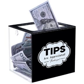 Acrylic Tips Jar for Money, Tip Box for Bartender Bars Money Container Musicians Restaurants Driver, Acrylic Collection Donation Raffle Lottery Cash Tips Jar Box for Money Storage Container