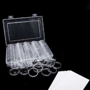 100 Pack 30mm Coin Capsules with White Protect Gasket and Plastic Storage Organizer Box for Coin Collection Supplies, Clear and Round Plastic Capsules, Fits 17/20/25/27/30mm Size Coins