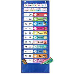 Daily Schedule Pocket Chart. Kids Schedule Pocket Chart with 15 Dry-Eraser Cards. 13+1 Pockets. Schedule Pocket Chart for Classroom & Home (black)